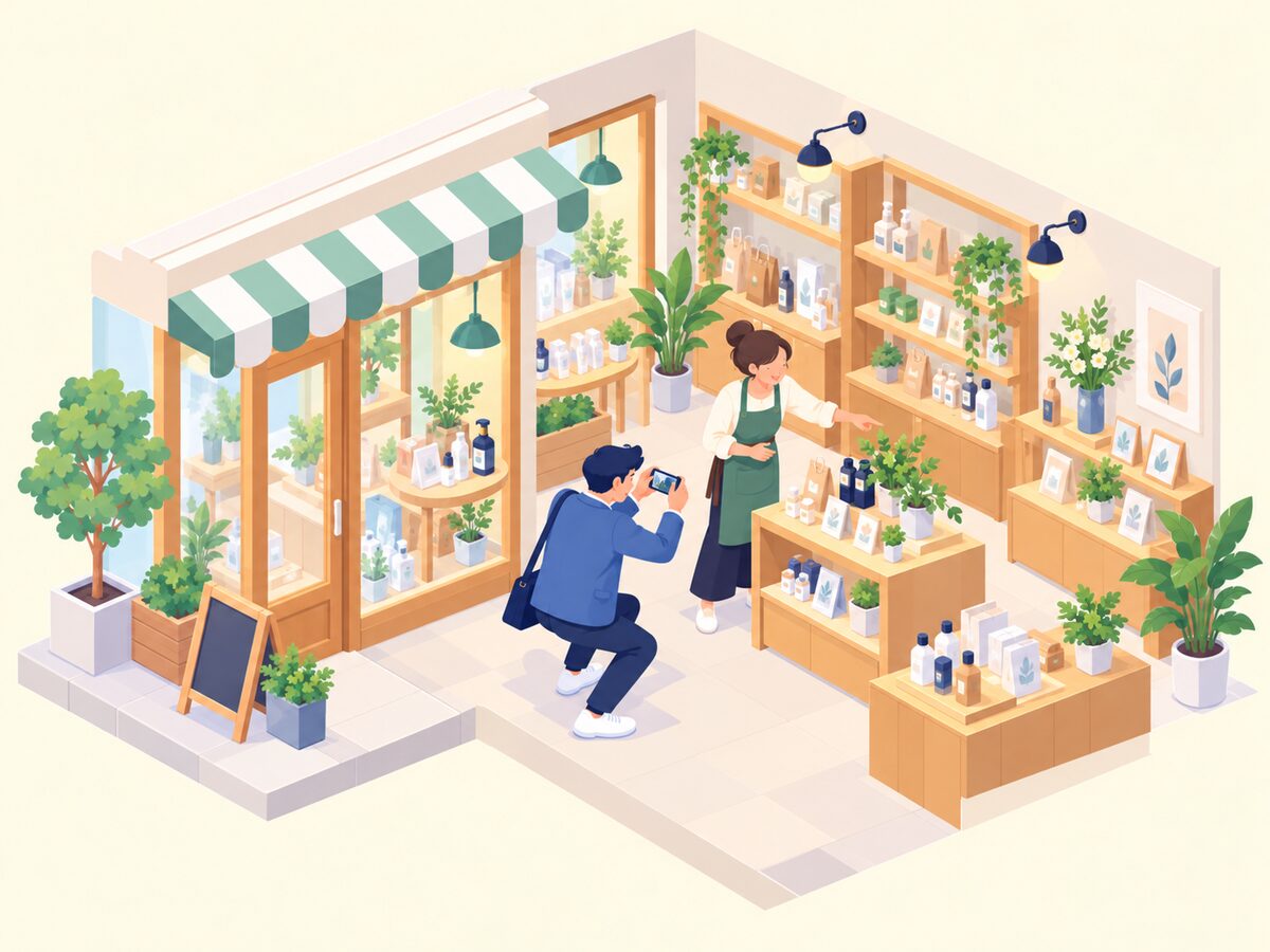お店の中で、商品棚の前に立つ店主をスタッフがスマートフォンで撮影している様子