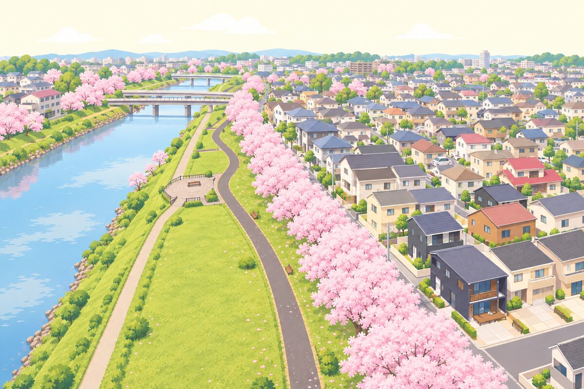 桜並木の川沿いと住宅街が広がる、おだやかな町並み