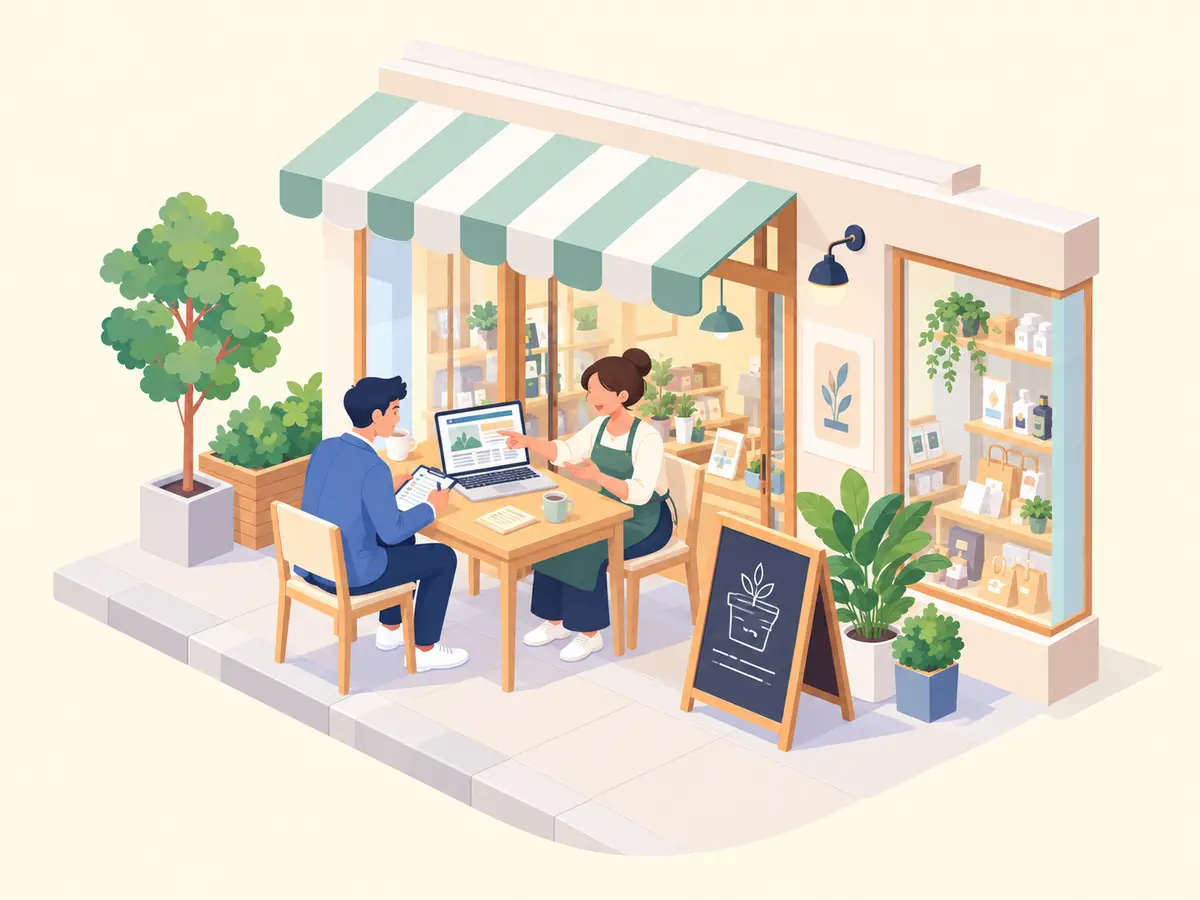 お店の前のテーブルで、ノートパソコンの画面を指さして内容を確認する様子