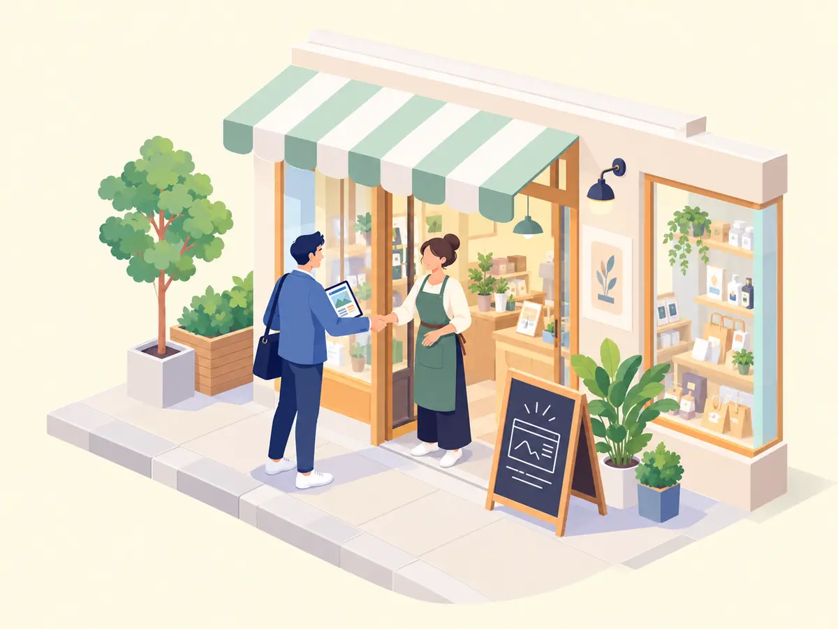 お店の前で握手を交わし、ホームページの公開を迎える店主とスタッフ