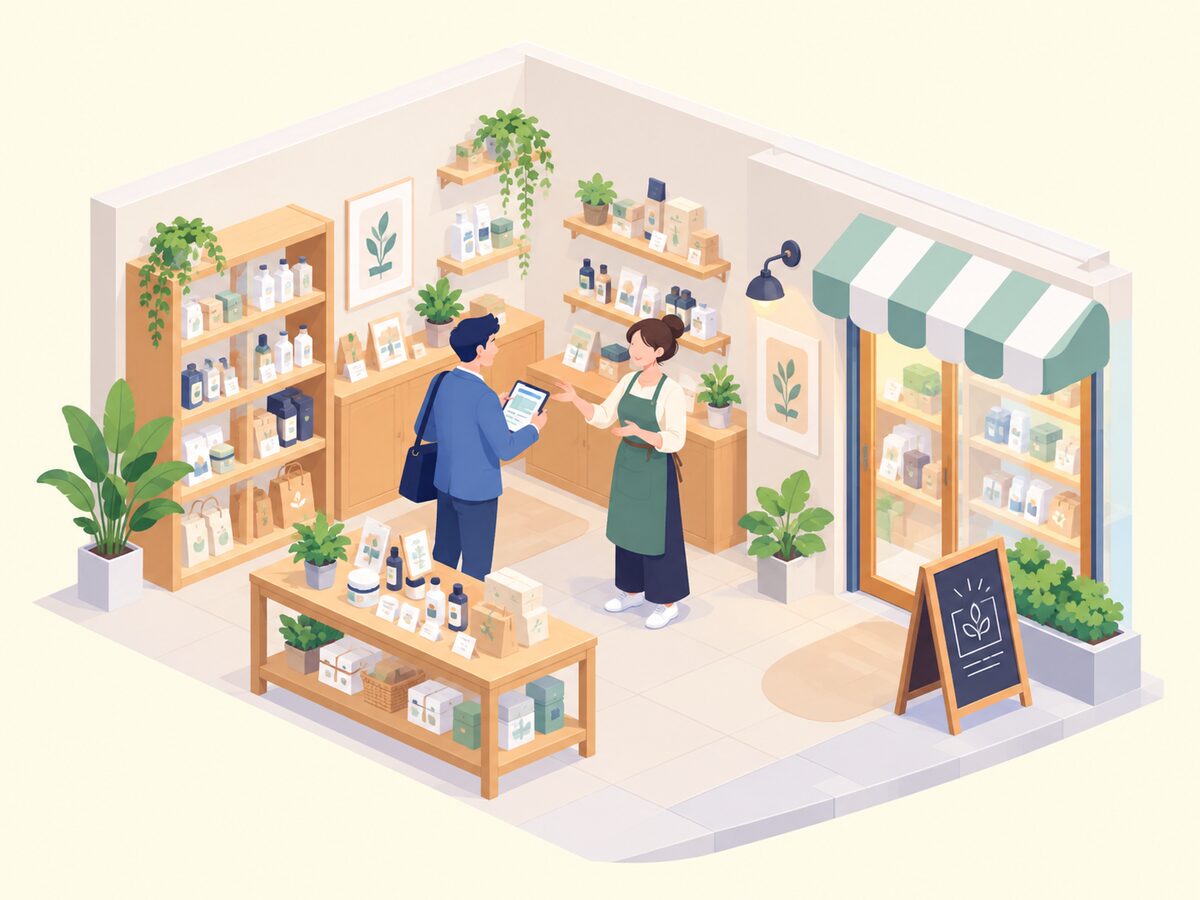 お店の中で、タブレットを見せながら店主に説明するスタッフ