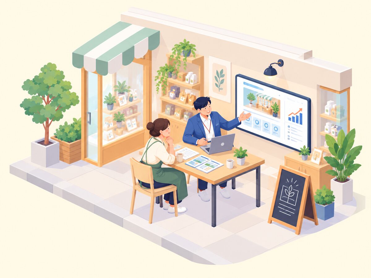 お店の前で、大きな画面に映したホームページを見ながら相談する店主とスタッフ